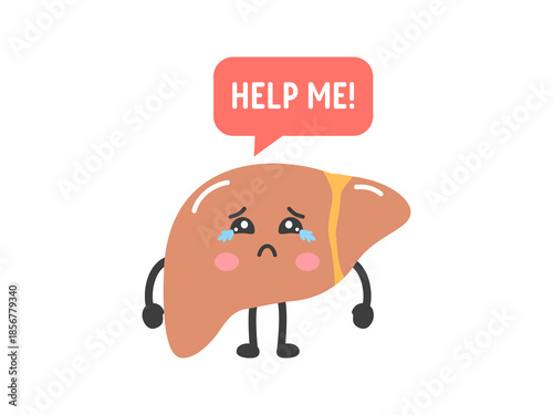 Sad liver character crying for help. Liver disease, cirrhosis and medical awareness concept. Modern cartoon vector illustration.