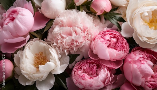 a close up of lush pink and white peony flowers showcasing their delicate petals and vibrant beauty