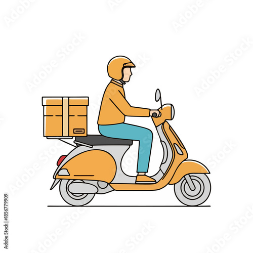 Delivery person riding a scooter with a box on the back, illustrating fast parcel service and logistics