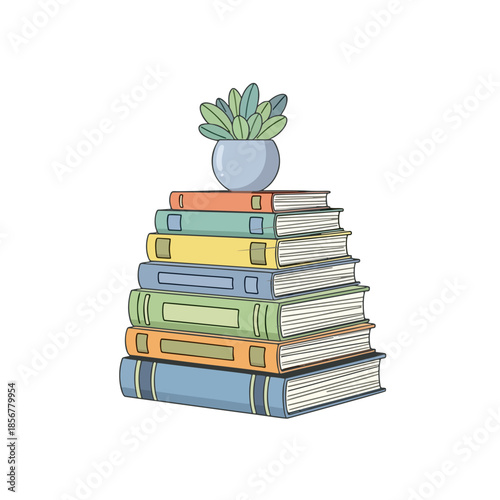 Charming stack of beautifully bound colorful books topped with a small decorative potted succulent, symbolizing wisdom, growth, and cozy reading nooks, perfect for educational or literary themes