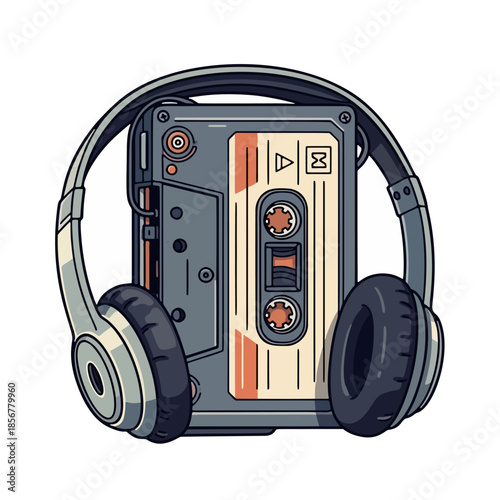 Retro cassette tape and headphones illustration representing vintage audio and music entertainment