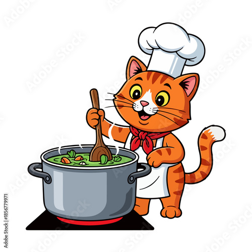 A cute cartoon cat wearing a chef's hat and apron, joyfully stirring a pot of green soup on a stove
