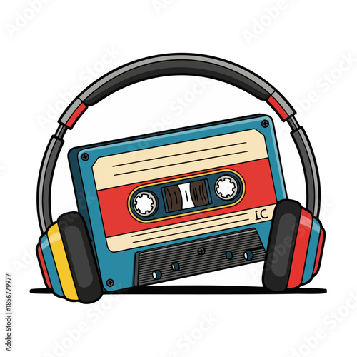 Vintage cassette tape with headphones illustration, retro music concept