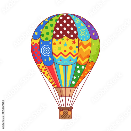 Vibrant Hot Air Balloon with Diverse Colorful Patterns Floating in the Sky