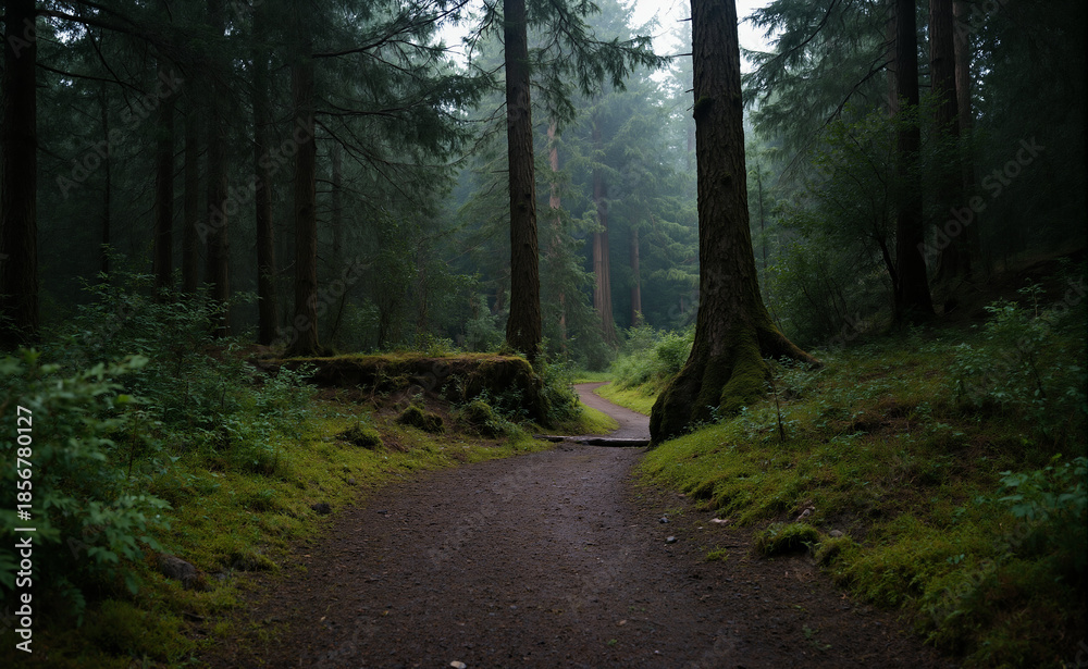 Fototapeta premium Misty redwood trail, deep forest path, Pacific Northwest hiking aesthetic