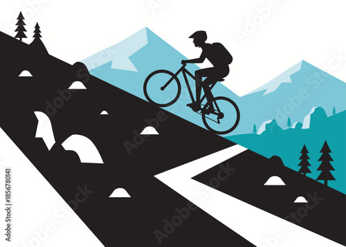 Minimalist vector of a mountain biker silhouette climbing a steep trail against snowy alpine peaks. High-contrast outdoor adventure graphic for cycling brands, travel ads, and fitness promotions.