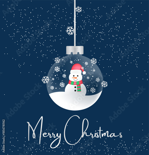 Illustration of a New Year's ball with a snowman on a dark blue background.