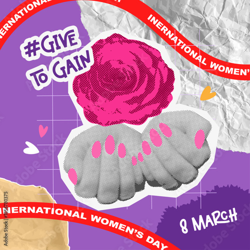 8 march action give to gain halftone collage, international Women's Day creative vector illustration