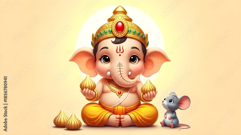 Fototapeta premium Adorable baby Ganesha holding sweets with little mouse friend
