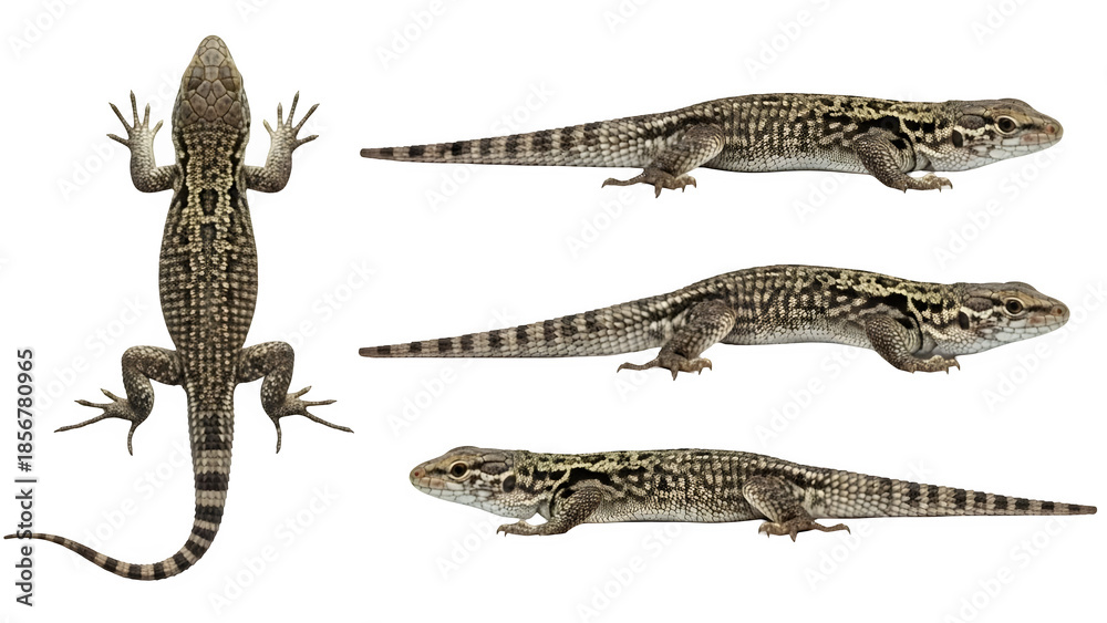 Naklejka premium Multiple views of a spotted lizard isolated on a black background