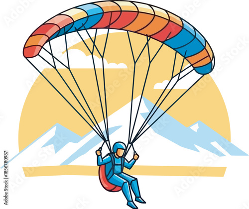 Vibrant flat design of a paraglider soaring over snow-capped mountains at sunset. Dynamic outdoor adventure illustration perfect for extreme sports branding and winter travel promotions.