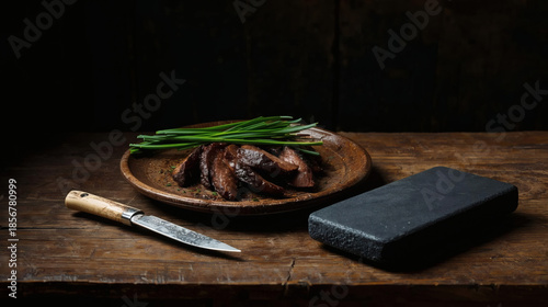 Authentic Boodog Meat Slices Served On Rustic Wooden Table Mongolian Style