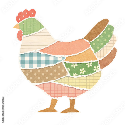 Colorful patchwork chicken paper collage illustration