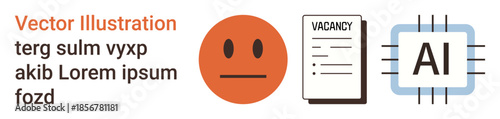 Workforce transformation, employment trends, AI integration, technology influence, job vacancies, automation. Neutral face emotion, vacancy document AI chip icon. Employment trends and AI