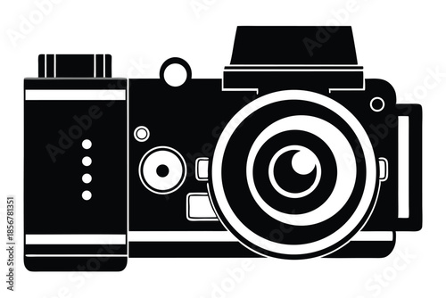 single lens reflex film camera silhouette line art vector illustration