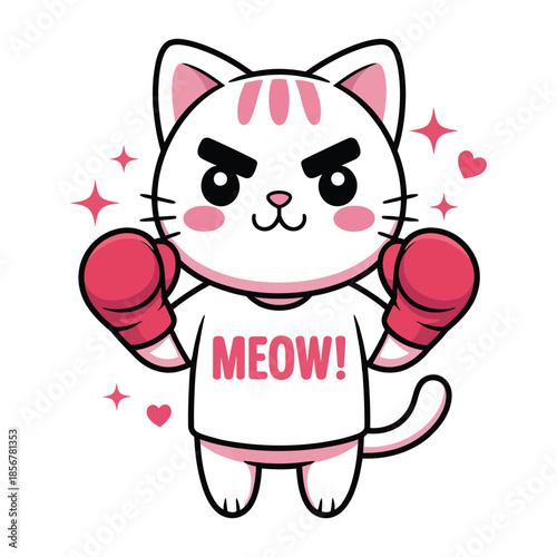 Cartoon cat with boxing gloves and meow t-shirt with black eyes Keywords: cat, kitten, cartoon