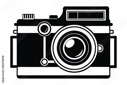 single lens reflex film camera silhouette line art vector illustration