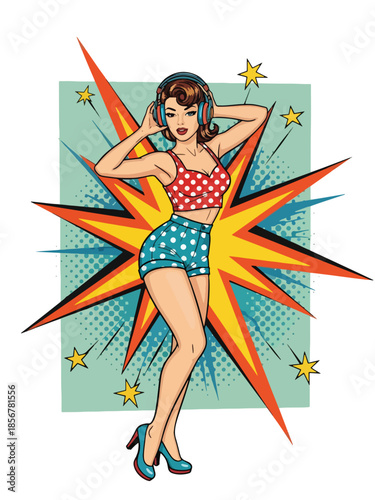 Pop art pin up girl dancing with headphones, energetic modern vector illustration in solid colors, ideal for music and youth lifestyle designs