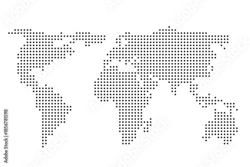 A digital vector illustration of a dotted world map featuring a global pixel pattern of continents and countries for business travel and geographic design