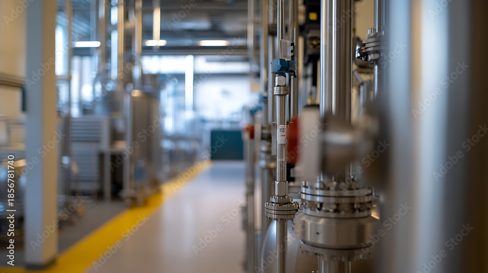 Fototapeta premium Inside a modern industrial facility with gleaming stainless steel pipes and precision engineering. A marvel of technological infrastructure and design, ensuring efficiency.