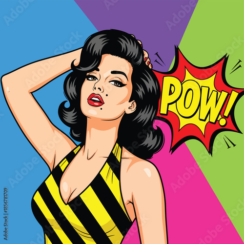 Pop art pin up girl fixing hair, modern vector illustration with bold shapes and solid colors, ideal for beauty visuals