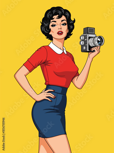 Pop art pin up girl taking photo with camera, playful modern vector illustration with solid colors, ideal for travel and creative lifestyle themes