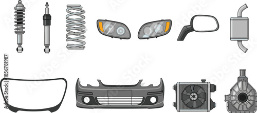 Collection of Car Spare Parts Featuring Shock Absorber, Coil Spring, Headlights, Side Mirror, Exhaust Muffler, Front Bumper, Radiator, and Transmission Components