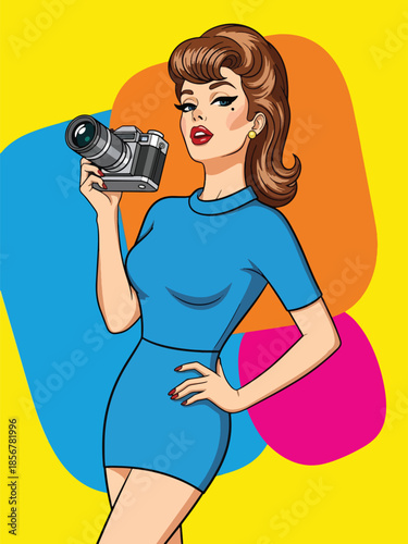 Pop art pin up girl taking photo with camera, playful modern vector illustration with solid colors, ideal for travel and creative lifestyle themes