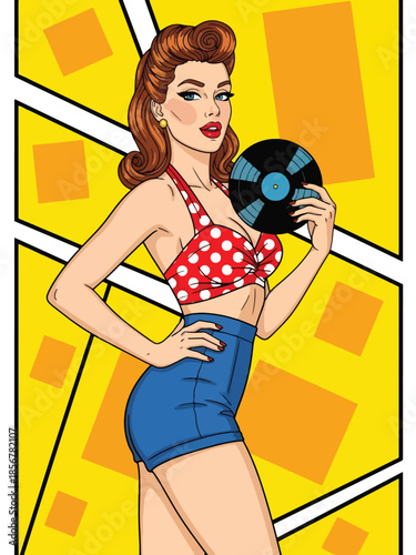 Pop art pin up girl holding vinyl record, nostalgic modern vector illustration with solid colors, ideal for music and retro culture designs