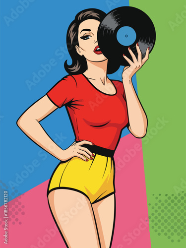 Pop art pin up girl holding vinyl record, nostalgic modern vector illustration with solid colors, ideal for music and retro culture designs
