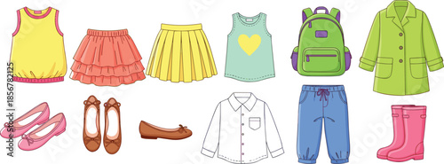 Collection of colorful children's clothing and accessories including skirts, tops, shoes, backpack, jacket, and boots isolated on white background set.