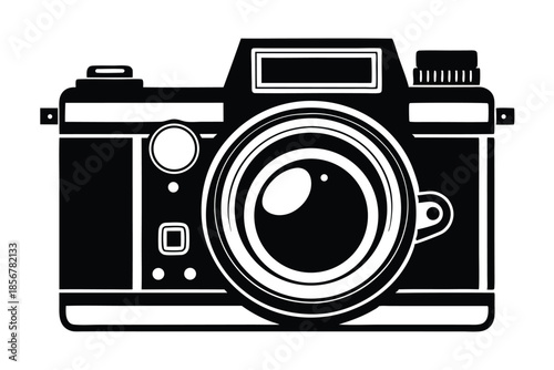 single lens reflex film camera silhouette line art vector illustration