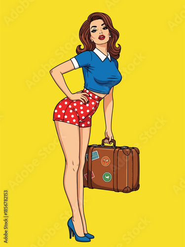 Pop art pin up girl carrying suitcase, modern vector illustration with solid colors, ideal for travel and adventure lifestyle visuals