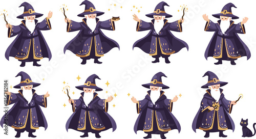 Collection of cute wizard character illustrations in purple robes with magic wands, casting spells, and a black cat on white