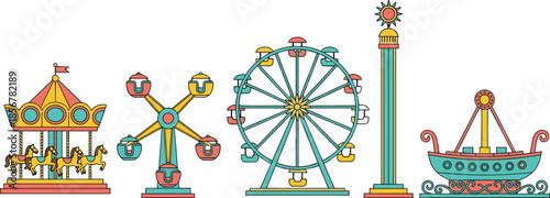 Collection of flat amusement park carnival rides including carousel, ferris wheel, spinning buckets, drop tower, and swinging pirate ship boat.