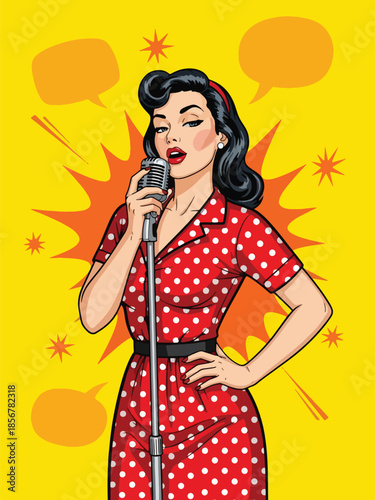 Pop art pin up girl singing with microphone, energetic modern vector illustration with solid colors, ideal for music and entertainment themes