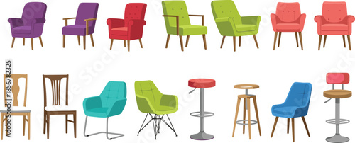 Collection of modern furniture icons including colorful armchairs, wooden dining chairs, bar stools, and upholstered lounge seating, isolated on white.