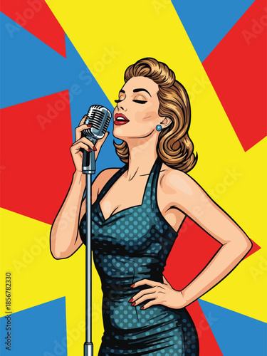 Pop art pin up girl singing with microphone, energetic modern vector illustration with solid colors, ideal for music and entertainment themes