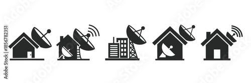 A set of black icons depicting satellite dishes on different house rooftops and a tower, symbolizing communication and connectivity