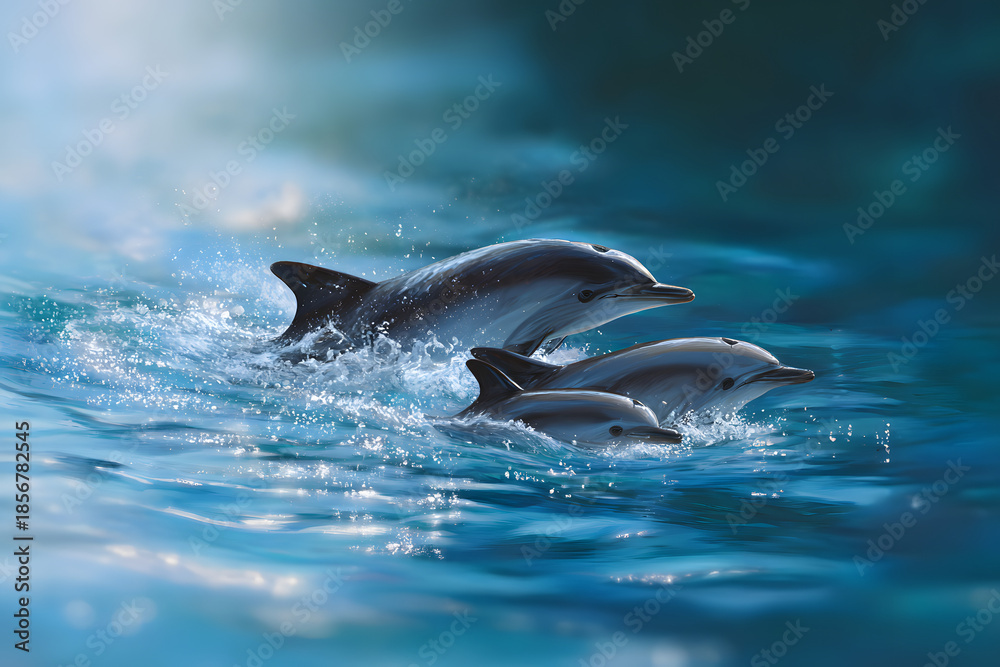 Fototapeta premium Dolphin Family Swimming and Leaping in Ocean, Babies Close to Adults, Ultra-Detailed Cinematic Wildlife Scene