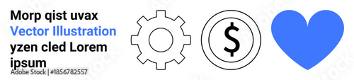 Business strategy, economic growth, finance management, charity support, love, and planning. Gear, dollar symbol and blue heart icons . Business strategy and finance management concepts