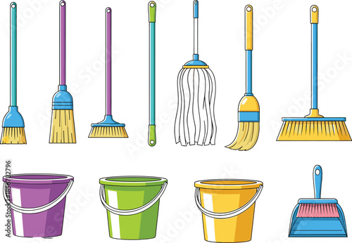 Household cleaning tools collection featuring colorful brooms, plastic buckets, floor mops, and dustpan set isolated on white background for sanitation concepts.