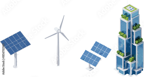 Isometric Sustainable City Infrastructure Featuring Solar Panels, Wind Turbine, and Modern Eco-Friendly Skyscraper with Green Roof Gardens for Renewable Energy Concept