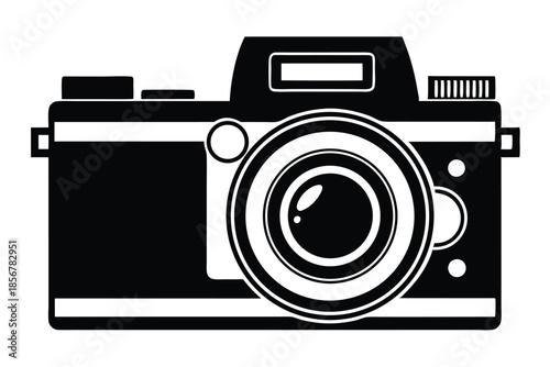 single lens reflex film camera silhouette line art vector illustration