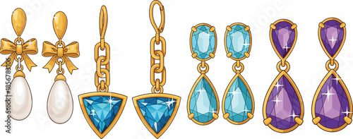 Luxury gold earring collection featuring elegant pearl drops, blue topaz triangles, aquamarine gemstones, and purple amethyst pendants isolated on white background