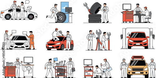 Professional Car Service and Auto Repair Illustrations Featuring Mechanics, Tire Replacement, Engine Diagnostics, Vehicle Maintenance, Tools, and Workshop Equipment Icons