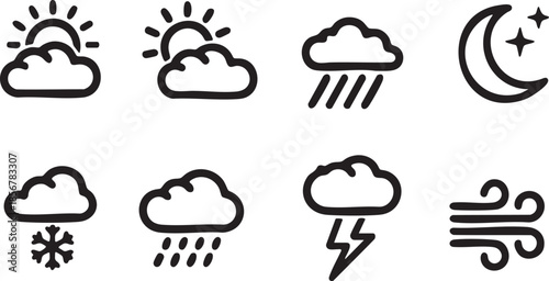weather icons, clouds, sun, rainy, snowy, thunderstorm, moon, stars, night, day, forecast, meteorology, simple flat design, vector.eps