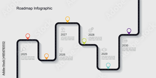 Business road map timeline infographic concept. with icons and 5, 7 options, Corporate milestones graphic elements. workflow layout, diagram, report, web design. Creative, vector	