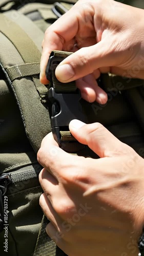 Close-up of hands securing a durable black plastic buckle on an olive green backpack, highlighting preparation for outdoor adventure or travel