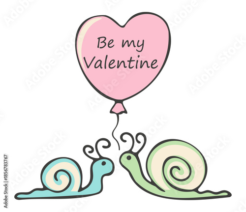 Be my Valentine! A Cute and cheerful greeting card with snails with a heart-shaped balloon. Hand drawing doodles. Children's drawing style